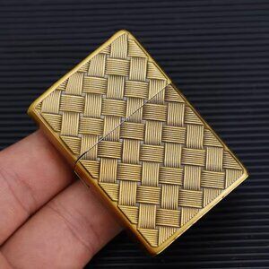 Vintage Bronze Metal Gas Lighter, Flint Wheel Cigarette Lighter Basket Weave De